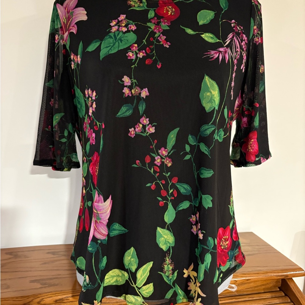 Anthony Original women’s Floral Black mesh lined Top blouse size SP
